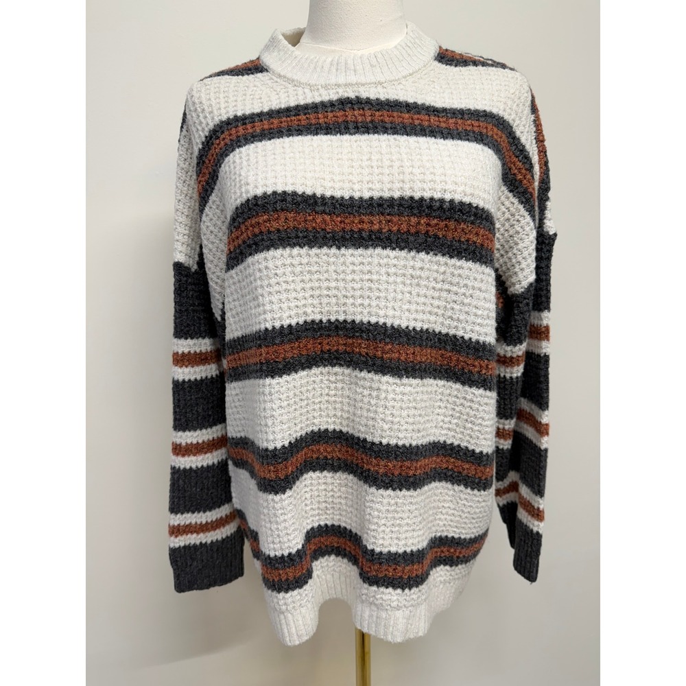 American Eagle Striped Sweater Cream Brown Black Rust Cozy 90s Preppy Small